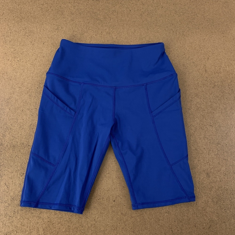 Oalka Women's Size Small Blue Side Pockets High Waist Athletic Yoga Shorts NWT